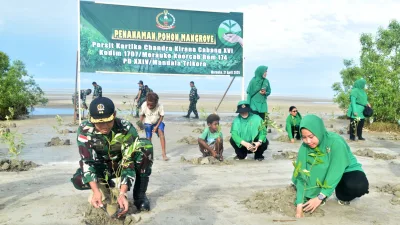 PEDULI KELESTARIAN LINGKUNGAN, PERSIT KODIM MERAUKE TANAM RATUSAN MANGROVE DI PANTAI PAYUM